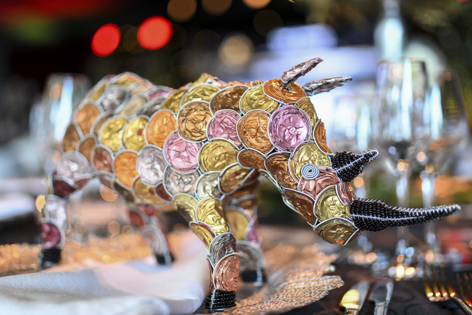 Miniature Rhino made by local artisans from recycled coffee capsules