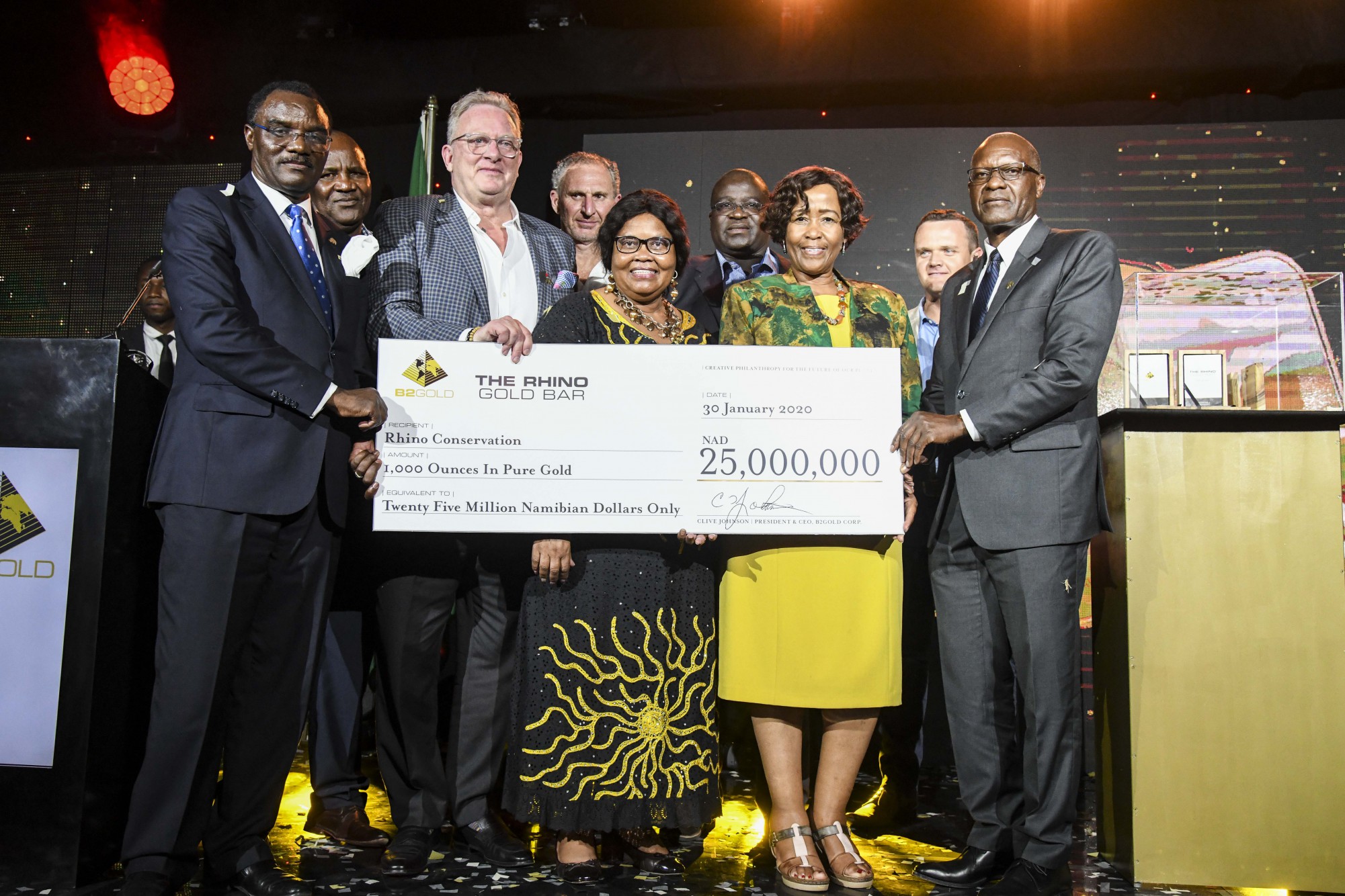 Front (left to right): Dr. Leake Hangala ( Director, B2Gold Namibia Proprietary Limited), Clive Johnson (President, CEO &amp; Director, B2Gold Corp.), Honorable Bernadette Jagger (Deputy Minister of Environment and Tourism), Inge Zaamwani-Kamwi (Adviser to the President of the Republic of Namibia, Dr Hage Geingob) and Tom Alweendo (Minister of Mines and Energy) Back (left to right): Simson Uri-Khob (CEO, Save the Rhino Trust), Mark Dawe (Country Manager and Managing Director &ndash; Namibia, B2Gold Corp.), John Kasaona (Executive Director, Integrated Rural Development and Nature Conservation), and John Roos (Reporting &amp; Projects- Manager, B2Gold Corp.)